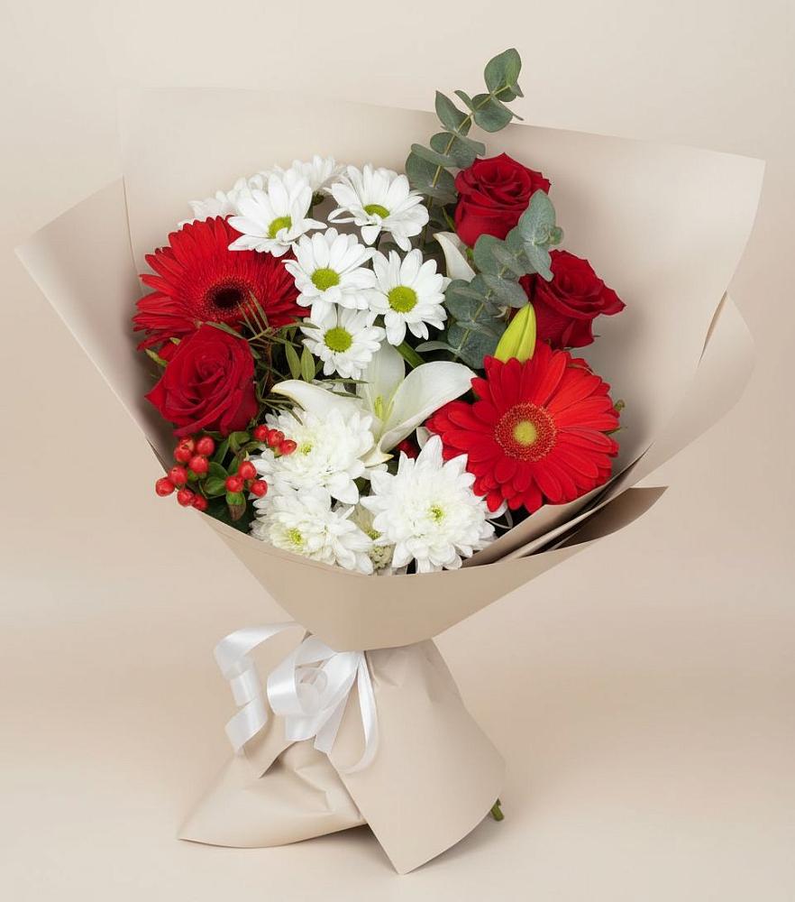 Букет цветов из: Розы, Хризантемы, Герберы и Лилии в Волхове