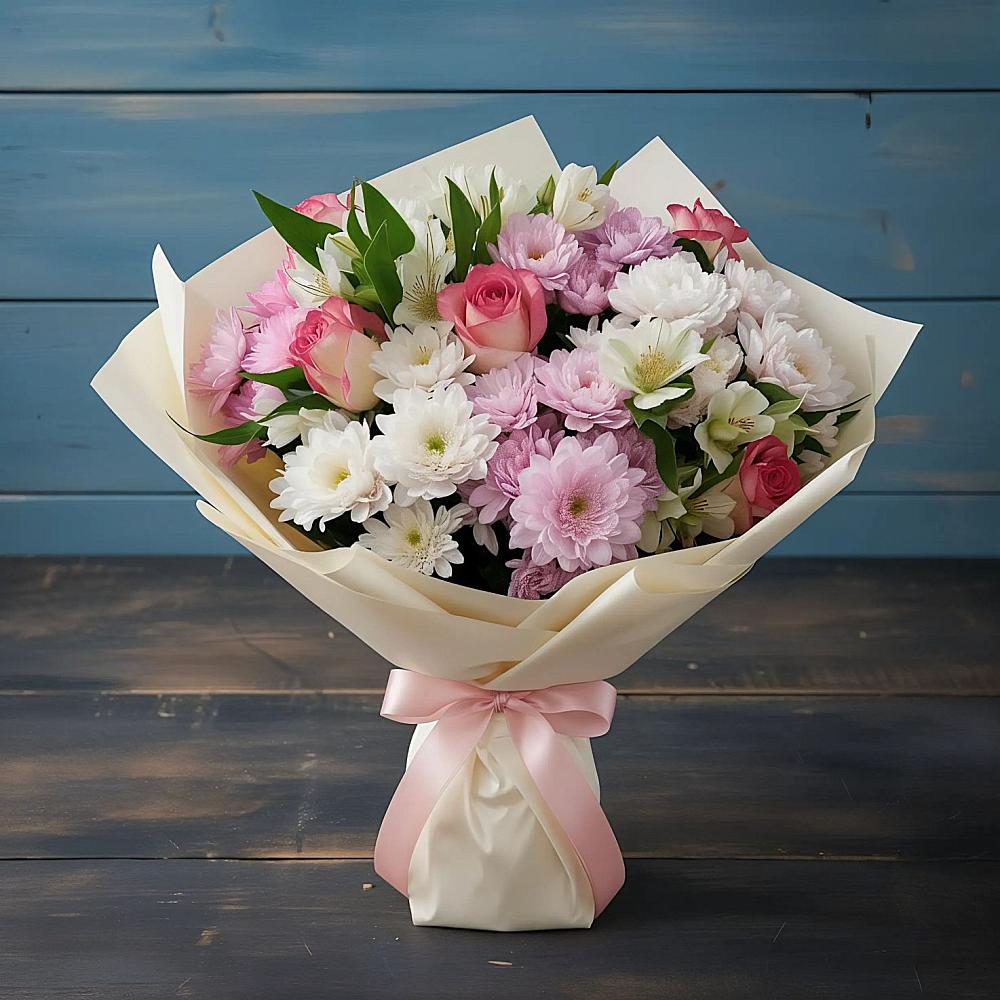 Букет цветов из: Хризантемы, Альстромерии и Розы в Волхове